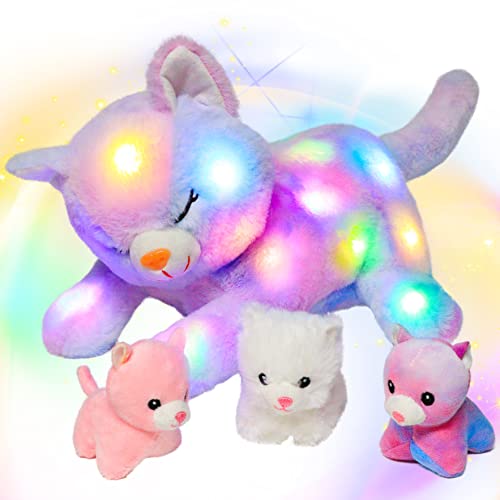 Hopearl LED Plush Cat Lighting Up Stuffed Mommy Cat with 3 Baby Kittens in her Tummy Stuffed Animal Playset Night Lights Glow in The Dark for Mom