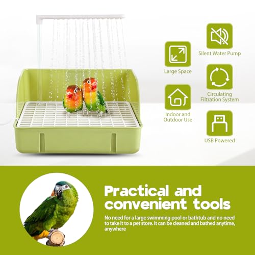 Parrot Bathtub, Large Bird Shower Fountain, Automatic Bird Bath, Parrot Bath Shower, Automatic Bathtub with Circulating Faucet, Indoor Fountain with USB Pump, Green