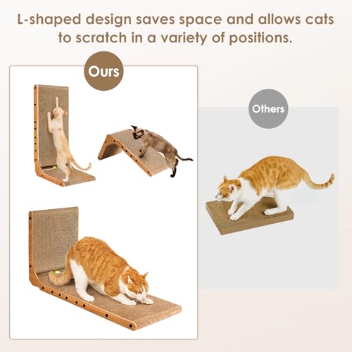 EHEYCIGA Cardboard Cat Scratcher for Indoor Kitten Cats, 19 Inch L Shaped Vertical Cat Scratching Board with Ball Cat Toy, Small Cat Scratcher Pad, Brown