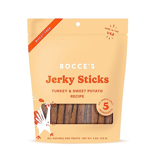 Bocce's Bakery Jerky Stick Dog Treats, Wheat-Free, Made with Limited-Ingredients, Baked in The USA with No Added Salt or Sugar, Natural & High-Protein, Turkey & Sweet Potato, 4 oz