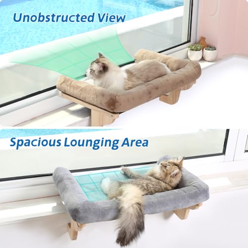 Zakkart Cat Perch for Window Sill with Bolster - Orthopedic Hammock Design with Premium Hardwood & Robust Metal Frame - Cat Window Seat for Large Cats and Kittens - Natural Color Wood Gray Bed, 24''W
