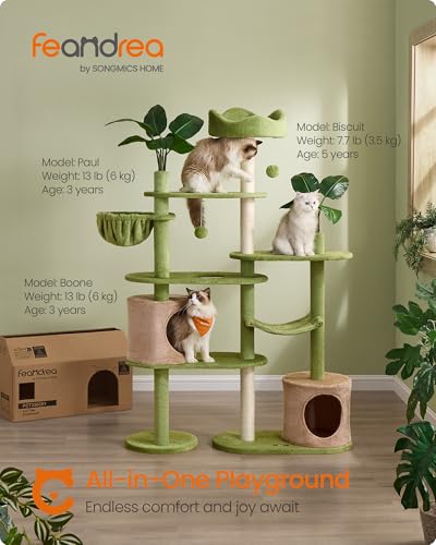 Feandrea Cat Tree, 68.1-Inch Tall Cat Tower, Multi-Level Plush Condo with Artificial Leaves, 3 Scratching Posts, 2 Pompoms with Bells, Grass Green and Camel Brown UPCT330C01
