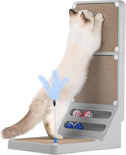 Cat Scratching Post Cat Scratching Board,2-in1 L Shaped Cats Cardboard Scratcher with Box, Kitten Scratcher Ball Wall Scratchers Pad for Indoor Cats Grey
