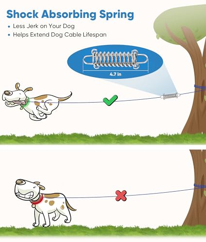 Petbobi Dog Tie-Out Cable 30ft -Heavy Duty Dog Lead Up to 120 lbs, Outdoor Leash Metal Cable with Shock Spring 360° Swivel Clips, for Yard Camping