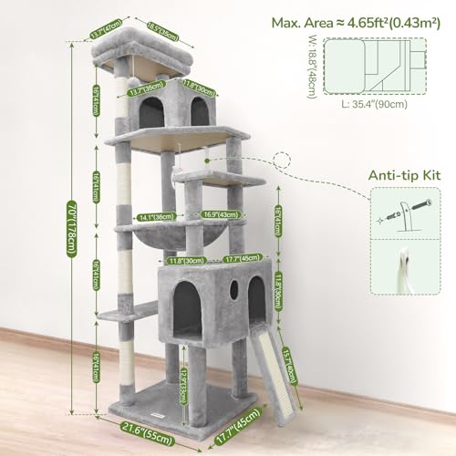 Globlazer Heavy Duty Cat Tree, 70 inch Sturdy Cat Tree for Indoor Cats Extra Large Cat Tower with Scratching Post, Hammock, Cat Condo for Adult Cats Kittens, F70 Pro, Light Grey