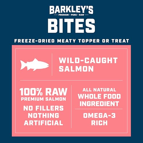 Barkley’s Bag Salmon Bites, Freeze Dried Dog Treats and Food Topper, Made with Wild-Caught Salmon, Bite-Sized Whole Pieces for Training Rewards, for