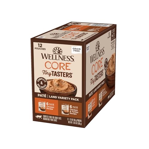 Wellness CORE Tiny Tasters Pate Adult Wet Cat Food, Natural, Protein-Rich, Grain Free, 1.75-Ounce Pouch, 12 Pack, (Land Variety Pack)