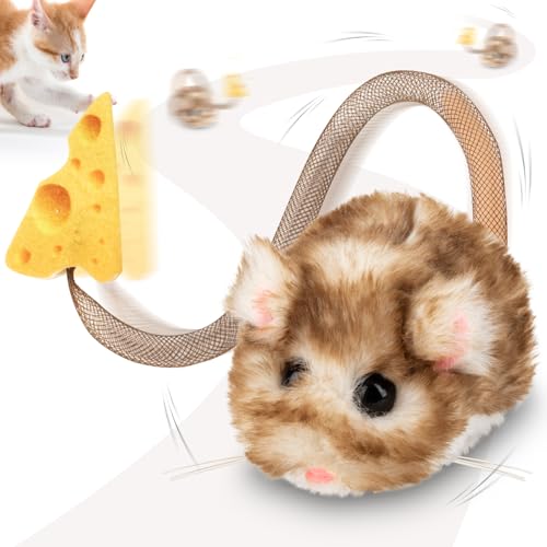 Migipaws Interactive MigiMouse Cat Toy 360° Rolling & Spin with Mesh Plastic Tail for Indoor Cats Smart Motion Sensor, Realistic Squeak, Rechargeable Plush Kitten Toy(Brown Long)