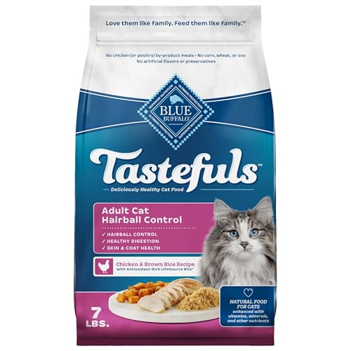 Blue Buffalo Tastefuls Natural Dry Food for Adult Cats, Hairball Control, Chicken & Brown Rice Recipe, 7-lb. Bag