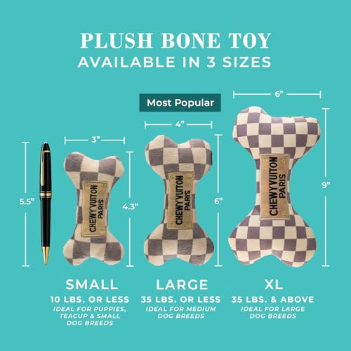 Haute Diggity Dog Chewy Vuiton Bone Plush Dog Toy, Tan Checker, Small | Designer Parody Toy, Hidden Squeaker, Soft Plush Stuffed Dog Toys, Small Dog