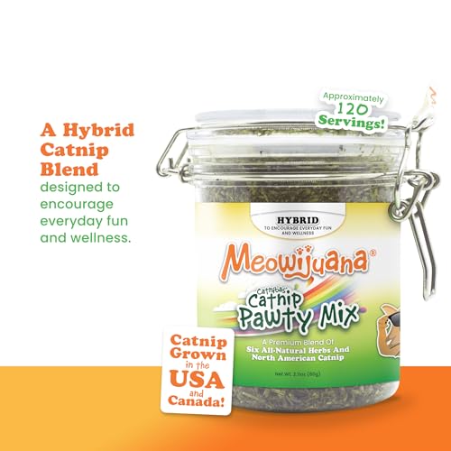 Meowijuana Catnibas Catnip Pawty Mix Jar | Premium Cat Nip for Cats with Silvervine, Passion Flower, Chamomile, Dandelion & Valerian Root | High Potency Catnip | 60g