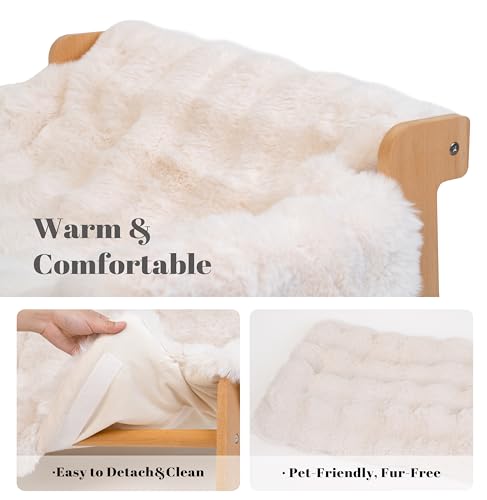CHEERHOME PETS Elevated Cat Couch Bed for Indoor Cats, Wooden Cat Sofa with Removable Washable Fluffy Cover Raised Kitty Lounge Chair Suitable for Puppy(Cat Sofa Off-White)