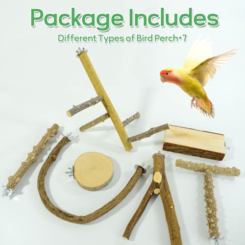 7PCS Natural Wood Bird Perches for Cage, Bird Parrot Parakeet Perch Stand, Bird Parakeet Cage Accessories, for Cockatiels Conure Budgies Small and Medium Parrots