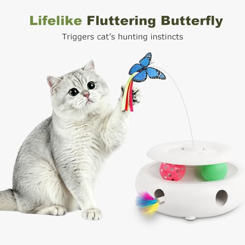 Cat Toys for Indoor Cats, 3-in-1 Interactive Cat Toy Automatic Kitten Toys with Fluttering Butterfly, Ambush Feather and Track Balls, Smart Sensor