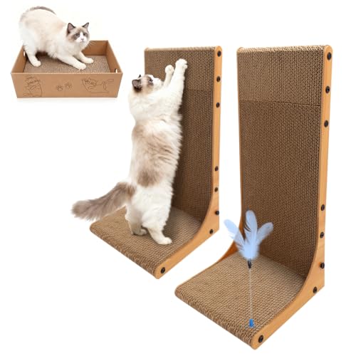 Cat Scratching Post, 3-in1 Scratching Board for Indoor Cats, 2PK 22in L-Shaped Cat Scratcher with 1PK Cardboard Box Scratch Pad, Cats Scratch Furniture Protector with Feathered Toy