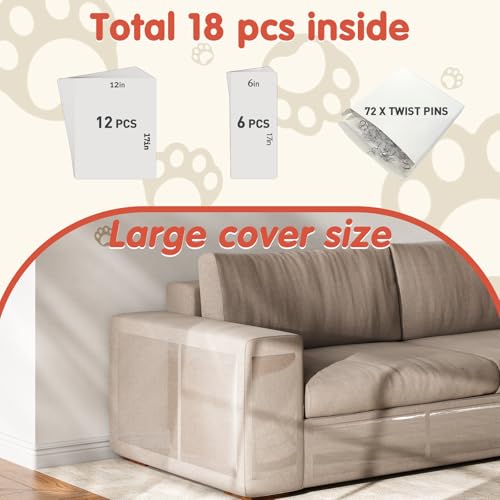 Secopad 18 PCS Large Cat Scratch Furniture Protector, Transparent Couch Protector from Cat Claws, Single-Sided Self Adhesive Anti Pet Deterrent Sofa Cover, 17IN