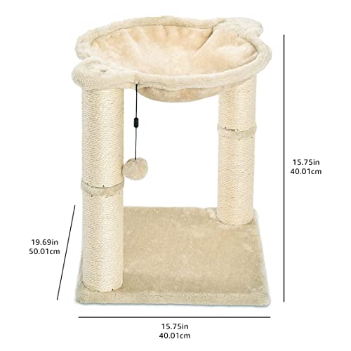 Basics Cat Condo Tower with Hammock Bed and Scratching Post,Easy to Assemble,Plush Hammock,Interactive Hanging Ball,Durable Sisal Scratch Posts for Indoor Cats, 15.8 x 15.8 x 19.7 Inches, Beige