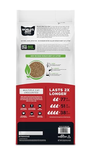 WORLD'S BEST CAT LITTER Multiple Cat Unscented, 32-Pounds - Natural Ingredients, Quick Clumping, Flushable, 99% Dust Free & Made in USA - Long-Lasting Odor Control & Easy Scooping
