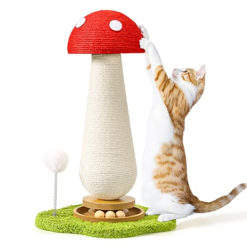 Cat Scratching Post, Mushroom Cat Scratcher with Interactive Ball Track Spring Ball Toys Cute Sisal Scratchers Post for Indoor Adults Kitten with