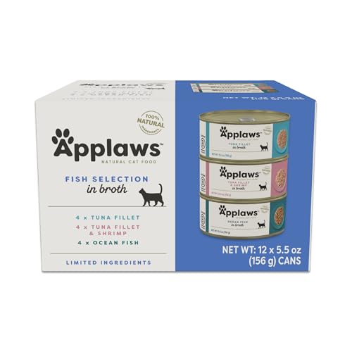 Applaws Natural Wet Cat Food in Broth, Limited and Natural Ingredients, High Protein with No Artificial Additives, Fish Selection Variety Pack in Broth (12 x 5.5oz Cans)