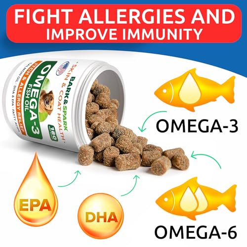 BARK&SPARK Omega 3 for Dogs and Cats-180 Fish Oil Treats for Dogs & Cats Shedding, Skin Allergy, Itch Relief, Hot Spots Treatment-Joint Health-Skin and Coat Supplement-EPA & DHA Fatty Acids-Salmon Oil