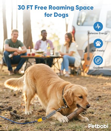 Petbobi Dog Tie-Out Cable 30ft -Heavy Duty Dog Lead Up to 120 lbs, Outdoor Leash Metal Cable with Shock Spring 360° Swivel Clips, for Yard Camping