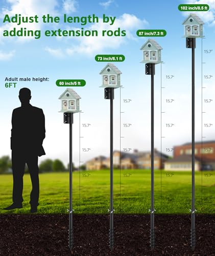 Heavy Duty Bird Feeder Pole - 109 Inch Adjustable 1 Inch Metal Bird House Pole with 14” Deep Auger Base | Outdoor Mount Kit for Bluebird Houses, Hummingbird Feeders, Smart Bird Feeder with Camera