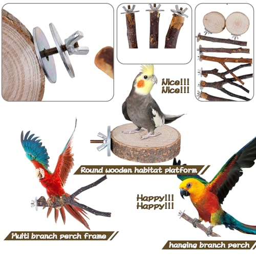 Libiline 8 Pieces Bird Perch Natural Wooden Parrot Perch Stand Fork Toys Hanging Multi-Branch Perches Platform Hammock Swing Toy for Macaws, Small Parakeets, Conures, Budgies, Finches (A-Color, Mix)