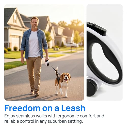 Retractable Dog Leash 26FT for Large Dogs up to 110lbs, Extra Long Strong Nylon Tape, 360° Tangle-Free, One-Handed Brake&Lock, with Poop Bag