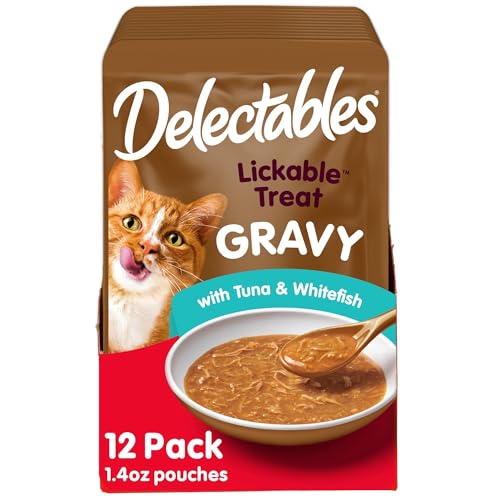 Delectables Lickable Treat Gravy Wet Cat Treat with Real Tuna & Whitefish, Food Topper, Hydrating, Grain-Free, No Fillers, By-Products, Added Preservatives, 1.4oz Pouch, 12ct