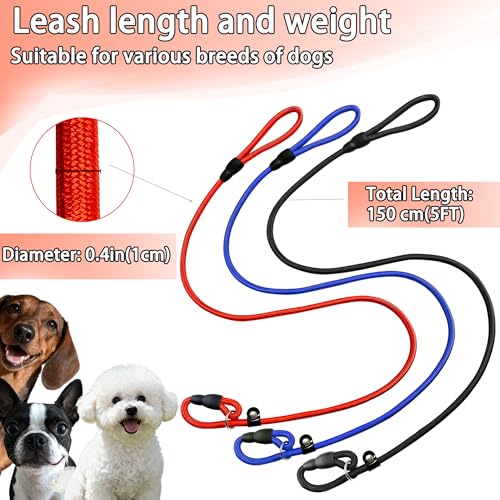 FOVRLZSE Upgraded Dog Slip Lead (3-Pack) Adjustable Nylon Lead for Dogs (Red/Black/Blue), Training Aid, Eco-Friendly Cotton Lining, Integrated