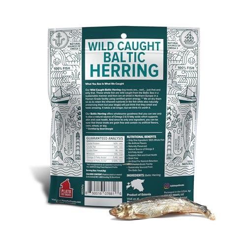 Plato Pet Treats Fish Dog Treats - Air-Dried, Single Ingredient Pet Treat - Omega 3 & 6 Fatty Acids to Support Skin and Coat - 100% Whole Fish - Wild Caught Baltic Herring - 3oz - 2 Pack