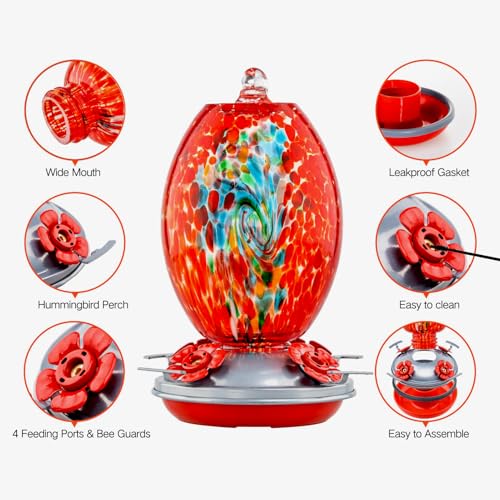 Muse Garden Glass Humming Bird Feeders for Outdoors - 27OZ Blown Glass Hummingbird Feeder - Unique Gift Mom Women Grandparents, Outdoors Hanging Garden Decor, Includes Ant Moat & Brush, Red Swirl