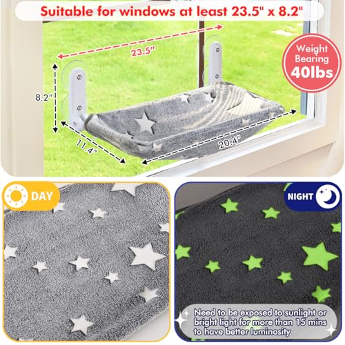 Cat Window Perch, Glow in The Dark Cordless Foldable Pet Hammock Bed for Window with Sturdy Metal Frame, Glowing Stars Pattern Resting Seat for Indoor Cats (Stars - M)