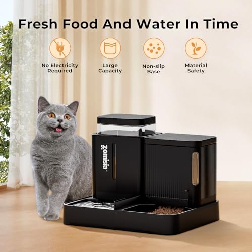 ZOMISIA Automatic Cat Feeder and Water Dispenser Set, 2 in 1 Gravity Cat Food Dispenser with 180 Degree Rotatable, Pet Self Feeding Large Capacity for Small Dogs Puppy Kitten, Black, 0.8 Gallon x 2