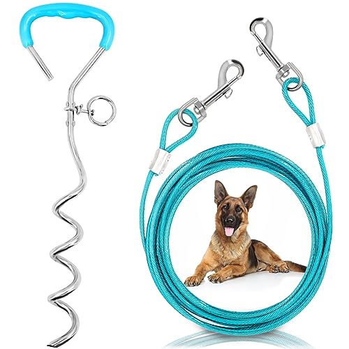 Supet Dog Tie Out Cable and Stake, Heavy Duty Runner with 32/16/10 FT Lead, Long Leash/Tether for Camping Backyard Outdoor Ground, Chain for Medium