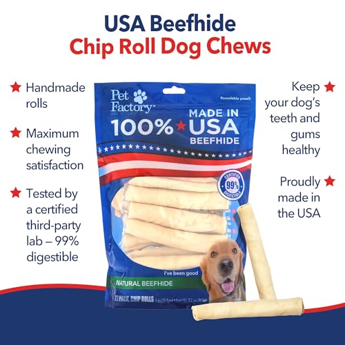 Pet Factory 100% Made in USA Beefhide Chip Rolls Dog Rawhide Chews, Thick, Dog Chews Long Lasting from American Cattle, Dog Chew Bones, 5 Inches
