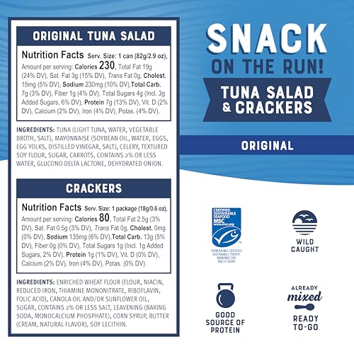 Bumble Bee Snack On The Run! Protein Pack, 8g per Box - Original Tuna Salad with Crackers Kit - Ready to Eat Easy-Open Can - Wild Caught MSC-Certified Tuna (Pack of 12)
