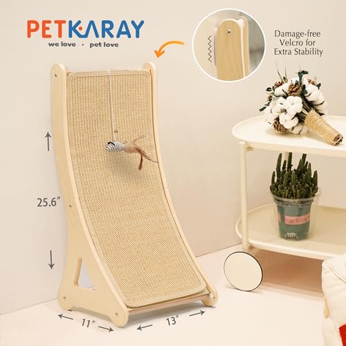 PETKARAY Curved Cat Scratcher, Sisal Kitty Scratching Ramp, L Shape Scratch Pad for Indoor Cats, 25.6" Furniture Protector with Mouse Toy