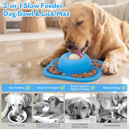 Slow Feeder Dog Bowls & Lick Mat for Liquid and Thick Treat, Anti-Slip Dog Lick Bowl with Interactive Rolling Ball, 5/6 Cup Pup Licking Toy for Large Medium Small Dogs and Cats Blue