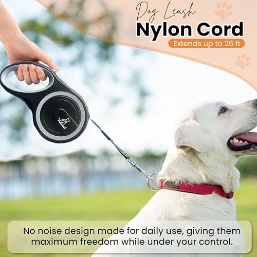 Retractable Dog Leash – Extendable up to 26 FT, Heavy Duty Nylon Tape, No-Tangle, One-Handed Brake & Lock, for Small to X-Large Dogs up to 110 lbs