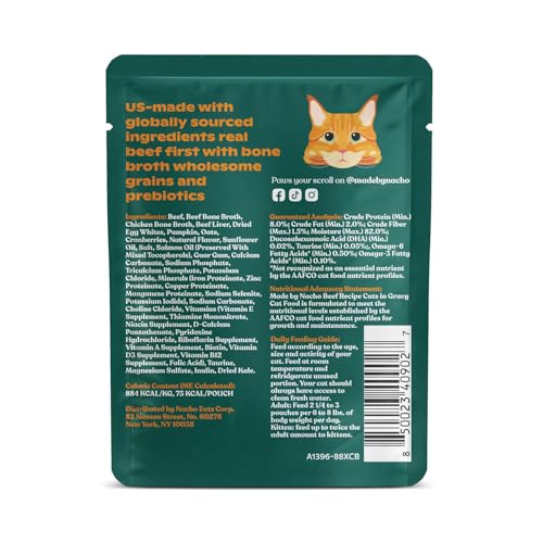 Made by Nacho Wet Cat Food, Cuts in Gravy, Limited Ingredients, Grass-Fed Grain Finished Beef Recipe with Bone Broth for Extra Hydration, (12) 3 oz. Pouches