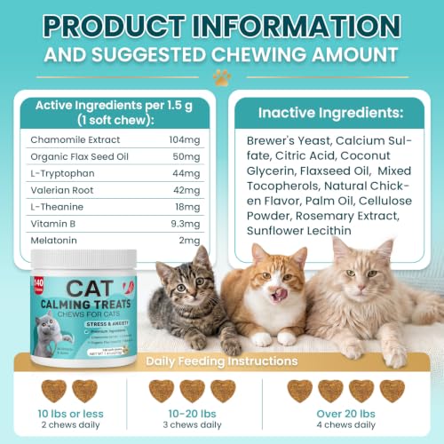 Cat Calming Treats, 140 Soft Chews to Relieve Anxiety, Stress & Prevent Bites, Perfect for Travel & Veterinary Visits, Soothing Calming Care for