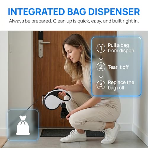 Retractable Dog Leash 26FT for Large Dogs up to 110lbs, Extra Long Strong Nylon Tape, 360° Tangle-Free, One-Handed Brake&Lock, with Poop Bag