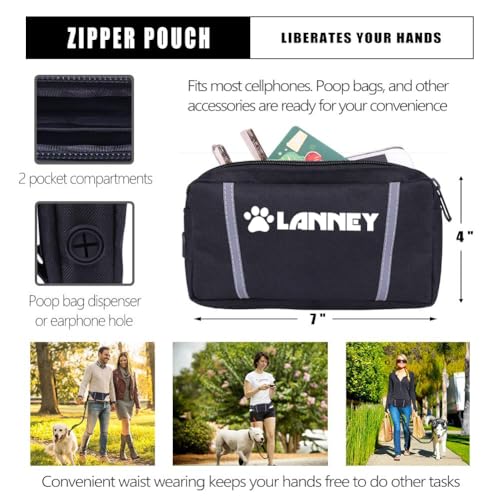 Hands Free Dog Leash, Waist Running Leash with Zipper, Walking Pouch for Medium Large Dogs, Dual Handle and Retractable Bungee for Training Jogging