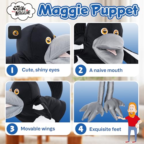 Steve and Maggie Plush Toy – Maggie Magpie Hand Puppet for Kids 1+, Soft Bird Puppet for Pretend Play, Nursery Rhymes & Learning, Interactive Toddler Toy for Easter Basket Stuffers (Small)