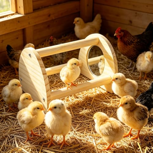 Pine Chicken Perch with Mirror, Strong Chick Jungle Gym Roosting Bar, Chicken Toys for Coop and Brooder, Training Perch Toys for Large Bird, Parrot, Macaw, Hens (Small)