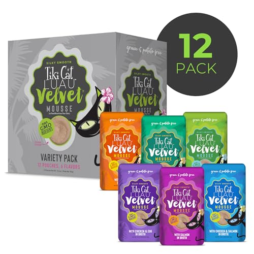 Tiki Cat Velvet Mousse, Protein Blend in Broth Variety Pack, Complete Nutrition for Balanced Diet, Wet Cat Food For All Life Stages, 2.8 oz. Pouch (Pack of 12)