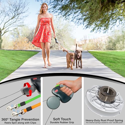WIGZI - 2025 Enhanced Edition - Dual (2) Dog Retractable Leash, Auto-Untangles, Supports Up To 50lb Dogs, 10ft Distance Each Dog, Color-Coded