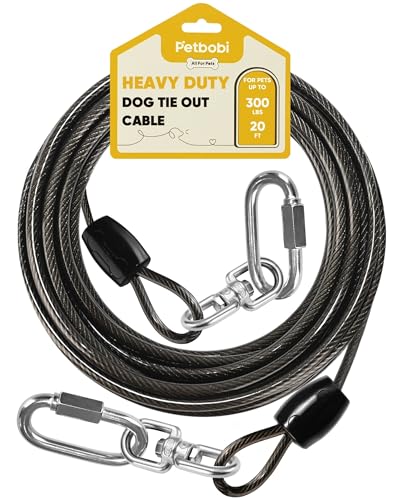 Petbobi Heavy-Duty Dog Tie-Out Cable - 20FT Extra Strong Wire Cable for Large Pets Up to 300Lbs, Rust Proof Dogs Leash with Carabiners and 360°